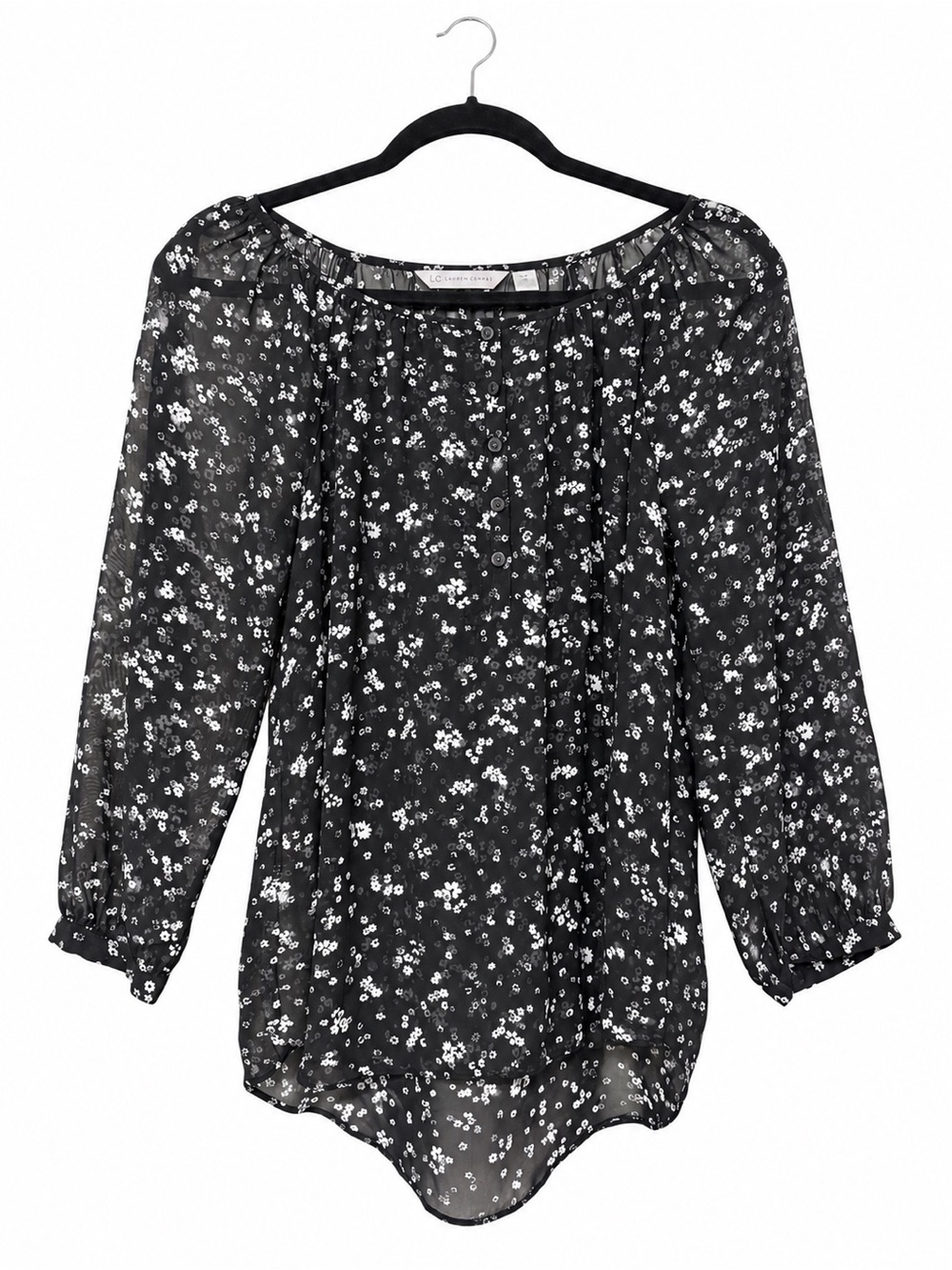 LC Lauren Conrad Black Floral Button-Front Sheer Blouse - Women’s Size Medium - Picture 3 of 9